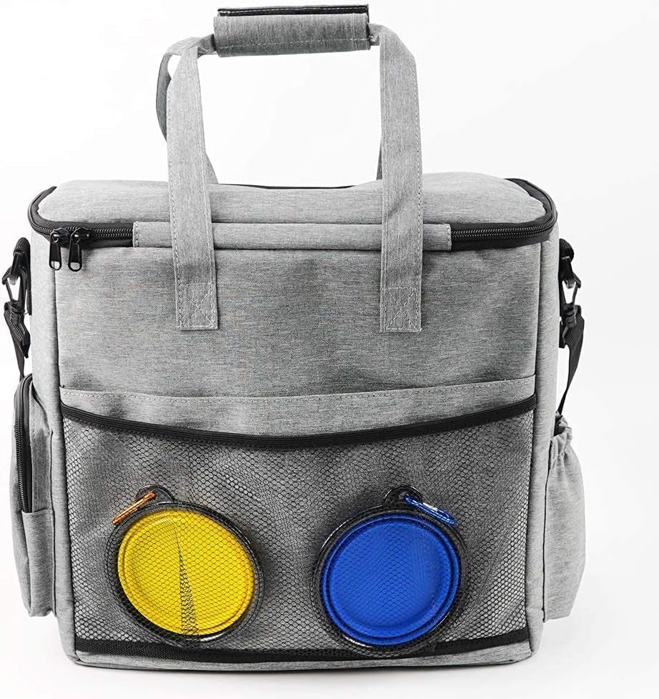 Dog Travel Bag Airline Approved Travel Set for Dogs of Stores All Your Dog Accessories - Includes Travel Bag, 2X Food Storage Containers and 2X Collapsible Dog Bowls (Grey)