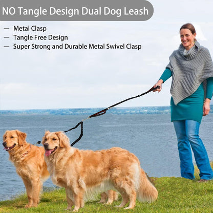 Double Dog Leash - 360 No Tangle Two Dogs Leash, Adjustable, Tangle Free for Small to Large Dogs - Walking & Training (Black + Red)