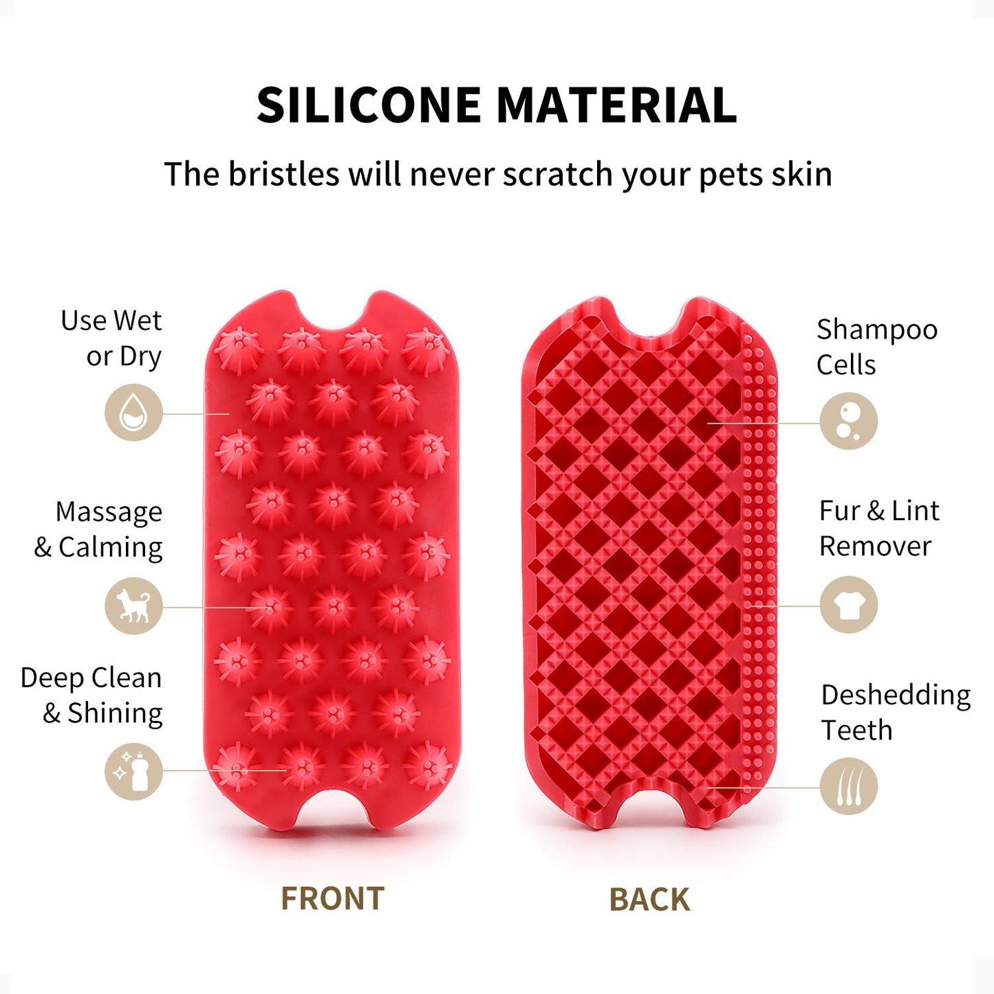 Dog Grooming Brush,  Silicone Dual Side Pet Bath Brush for Deshedding & Massaging, Hair Brush Comb for Pet, Puppy, Cats (Red)