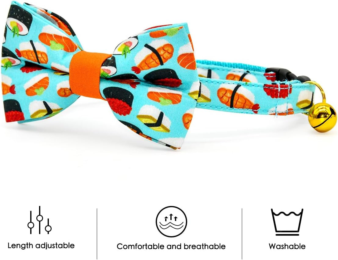 Sushi Cat Collar Bow Set, Breakaway Safety Collar, Wedding/Birthday Bowtie Collar for Kitten