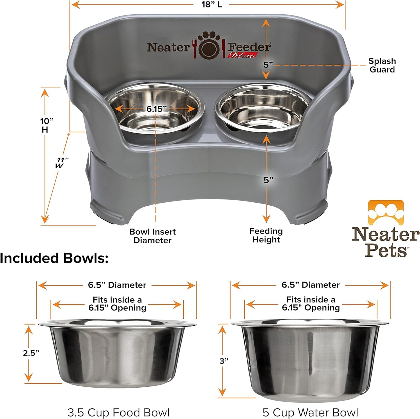 Neater Feeder Deluxe Mess Proof Dog Bowls Elevated for Medium Dogs 19-40 Lbs, Made in USA, No Spill Raised Dog Food Bowl Stand Feeding Station, Food and Water Bowl Set, Grey
