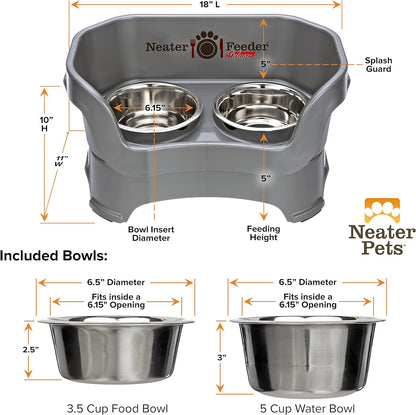 Neater Feeder Deluxe Mess Proof Dog Bowls Elevated for Medium Dogs 19-40 Lbs, Made in USA, No Spill Raised Dog Food Bowl Stand Feeding Station, Food and Water Bowl Set, Grey