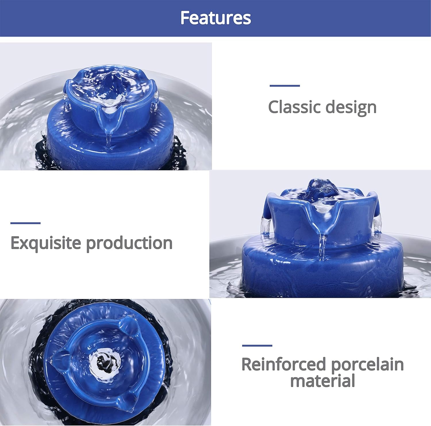 Ceramic Cat Water Fountain, 2.1L/71Oz Pet Fountain for Dog and Cat, 3 Carbon Filters and 2 Pumps (Dark Blue)