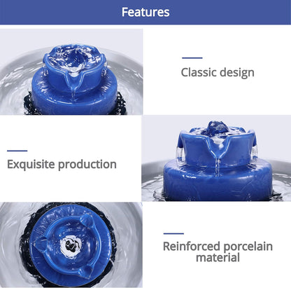 Ceramic Cat Water Fountain, 2.1L/71Oz Pet Fountain for Dog and Cat, 3 Carbon Filters and 2 Pumps (Dark Blue)