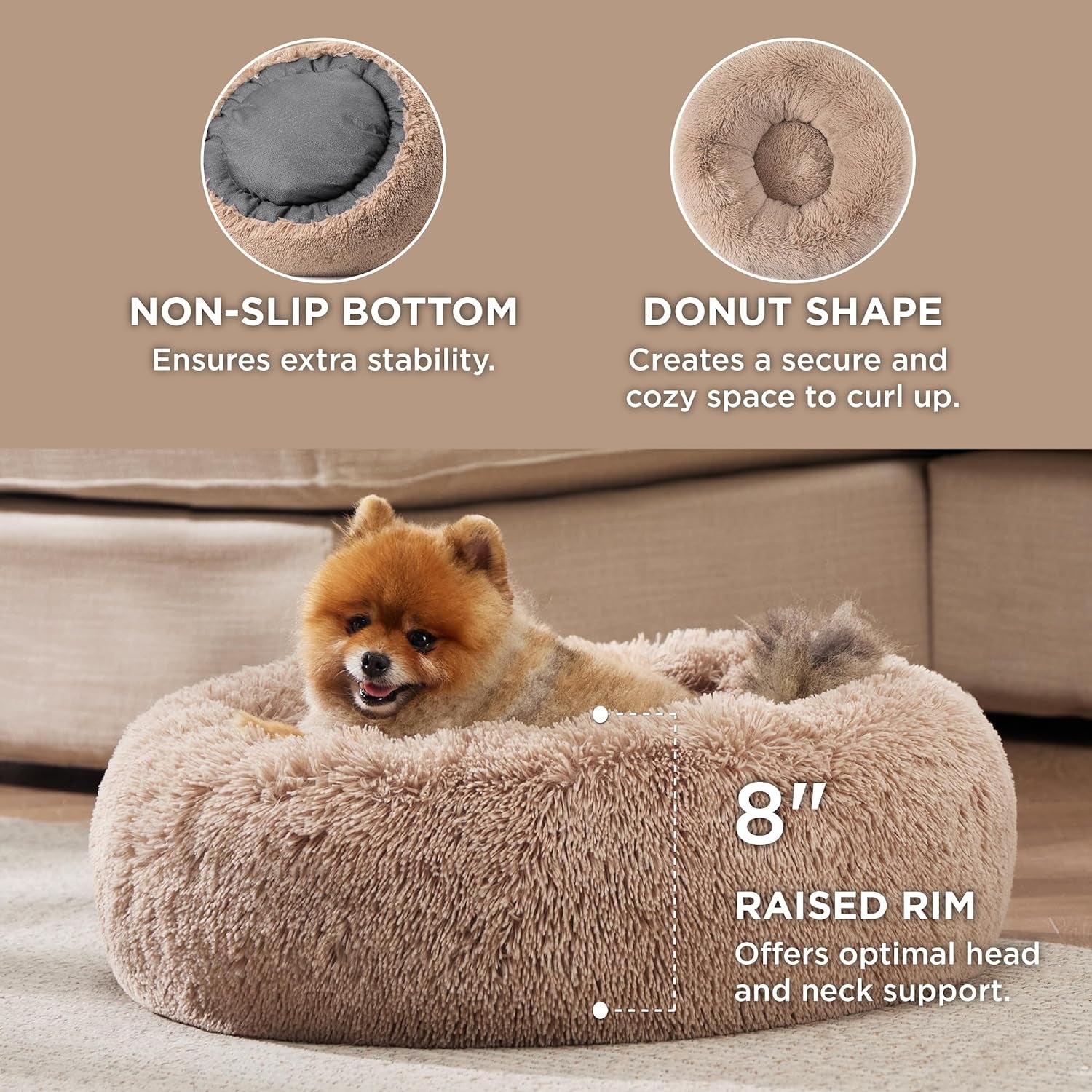 Calming Cat Beds for Indoor Cats - Small Cat Bed Washable 20 Inches, Anti-Slip round Fluffy Plush Faux Fur Pet Bed, Fits up to 15 Lbs Pets, Camel