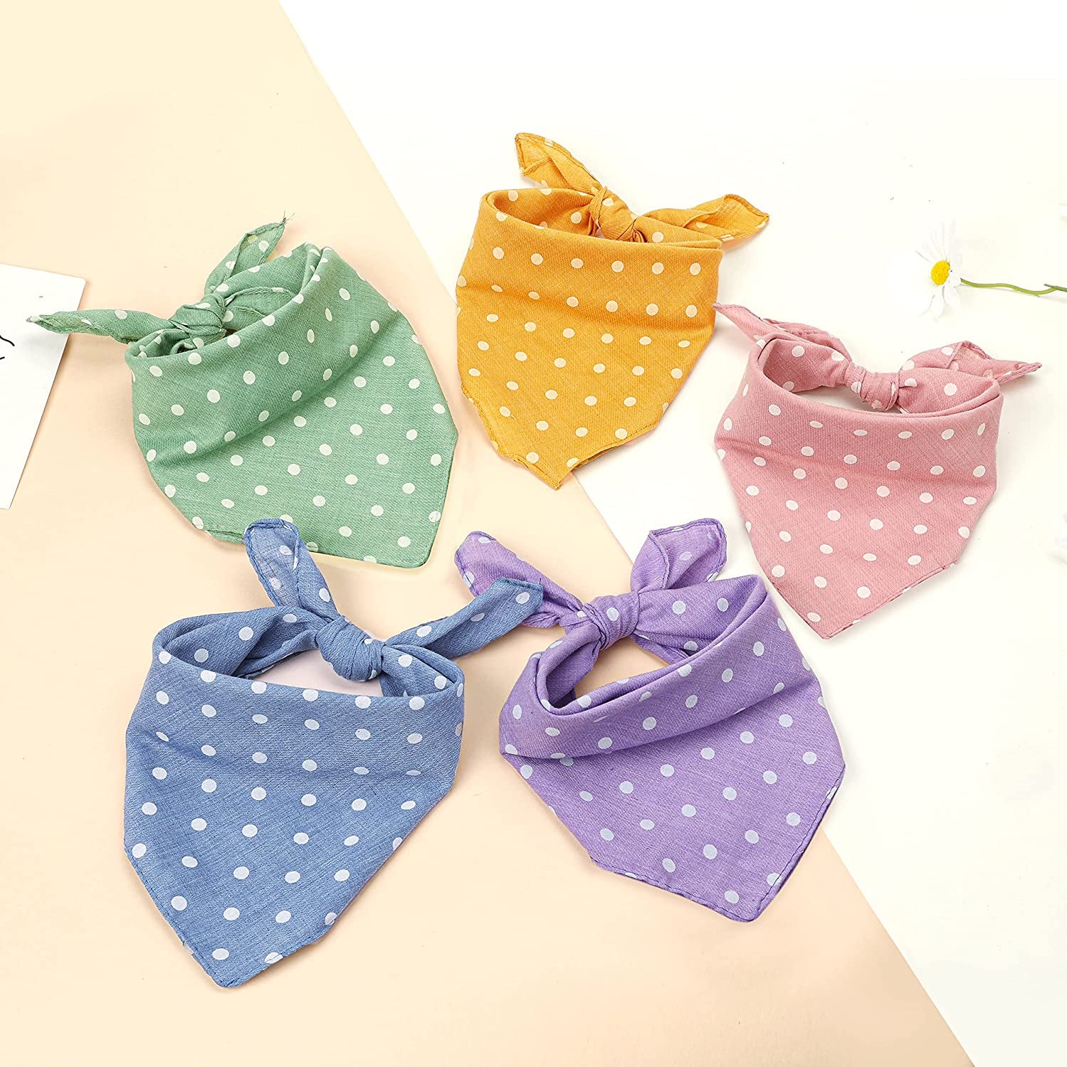 5-Piece Dog Bandanas, Washable Cotton Polka Dots, Reversible, Suitable for Small to Medium Dogs & Cats (Pink+Blue+Yellow+Purple+Green, 17.7 Inches)