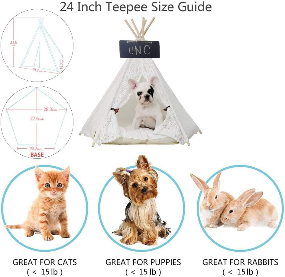 Pet Teepee Dog(Puppy) & Cat Bed - Portable Pet Tents & Houses for Dog(Puppy) & Cat Lace Style 24 Inch with Thick Cushion