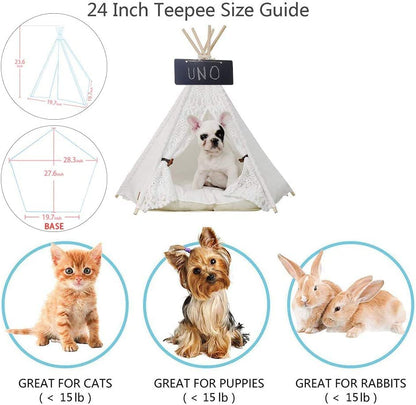 Pet Teepee Dog(Puppy) & Cat Bed - Portable Pet Tents & Houses for Dog(Puppy) & Cat Lace Style 24 Inch with Thick Cushion