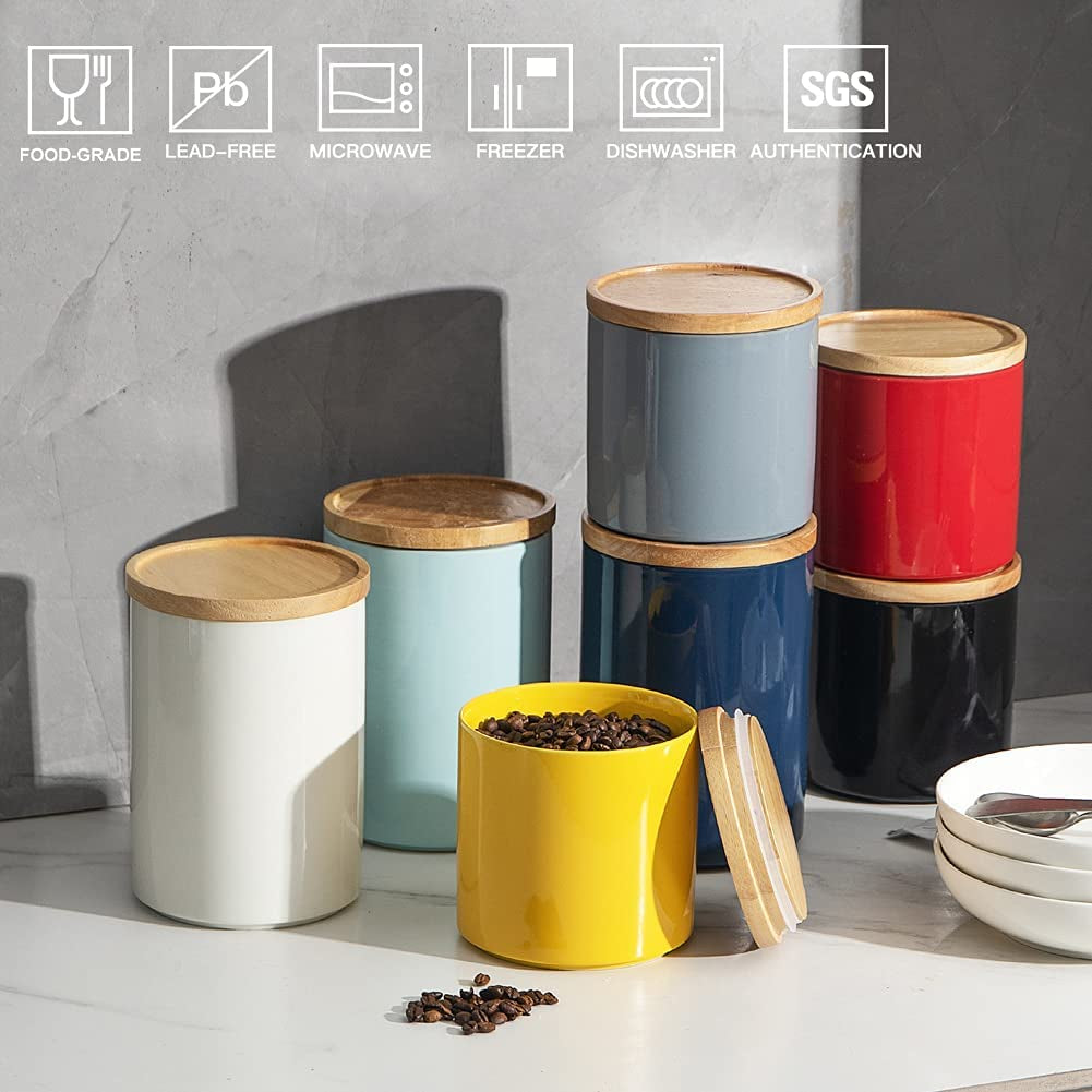 Kitchen Canisters Ceramic Food Storage Jar, Stackable Containers with Airtight Seal Wooden Lid for Serving Coffee Bean, Flour, Tea, Cookies and More - 58 Fl Oz(Navy)