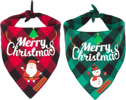 2 Pack Dog Bandana Christmas Classic Plaid Pet Scarf Triangle Bibs Kerchief Merry Christmas Santa Snowman Bandana for Medium Large Dogs Pets (Large)