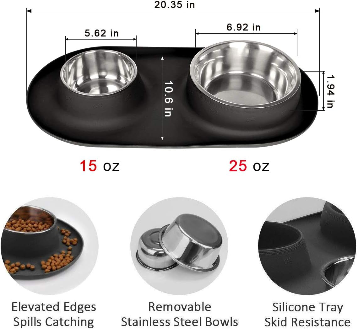 Double Dog Cat Bowls 2 Stainless Steel with No Spill Non-Skid Silicone Mat, Pet Food Water Feeder Bowl for Small Medium Large Dogs, Puppies, and Pets
