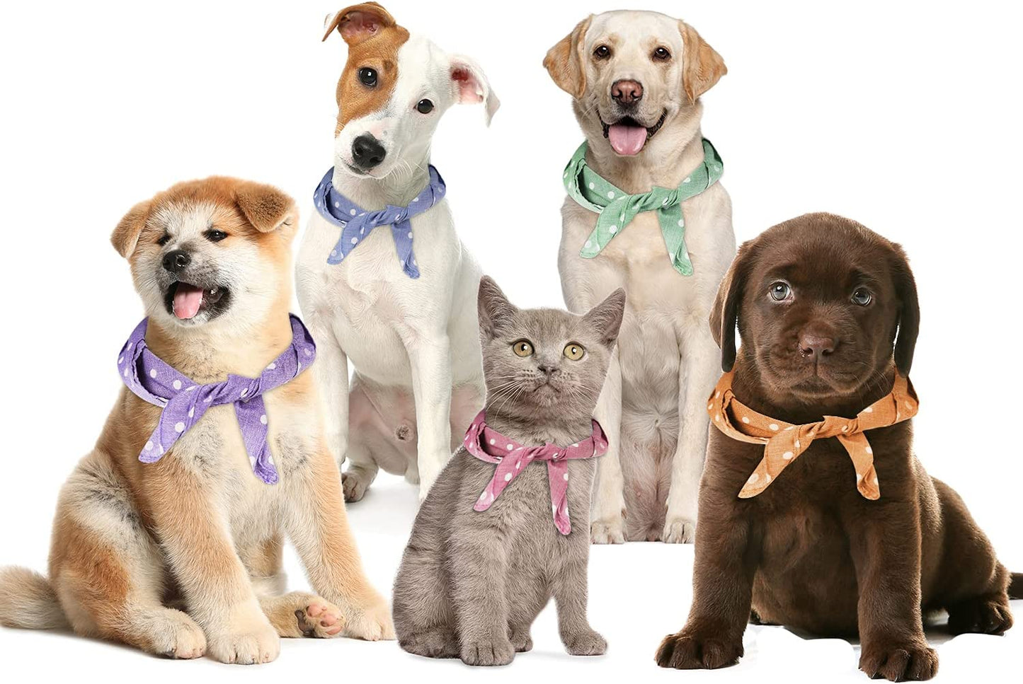 5-Piece Dog Bandanas, Washable Cotton Polka Dots, Reversible, Suitable for Small to Medium Dogs & Cats (Pink+Blue+Yellow+Purple+Green, 17.7 Inches)