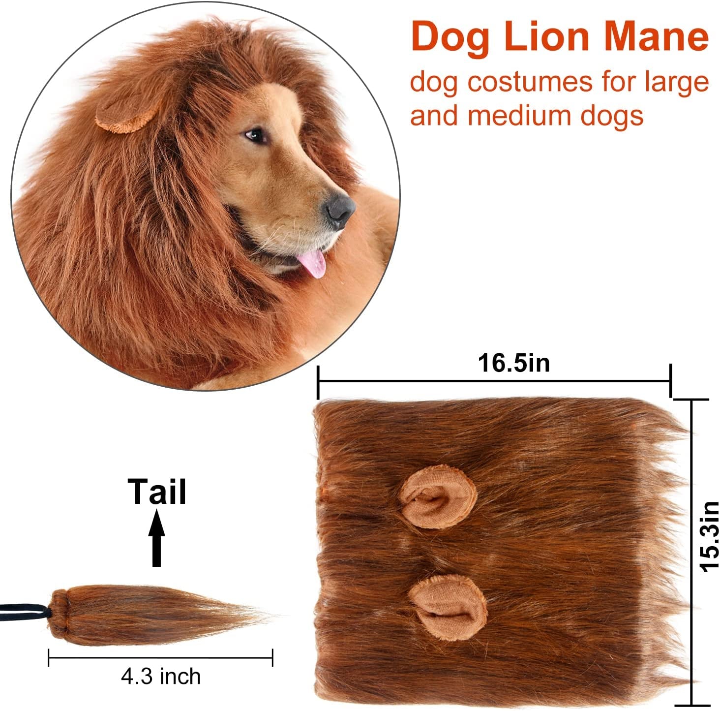 Lion Mane for Dog Costumes, Realistic Wig for Medium to Large Sized Dogs, Halloween Costumes (Dark Brown)