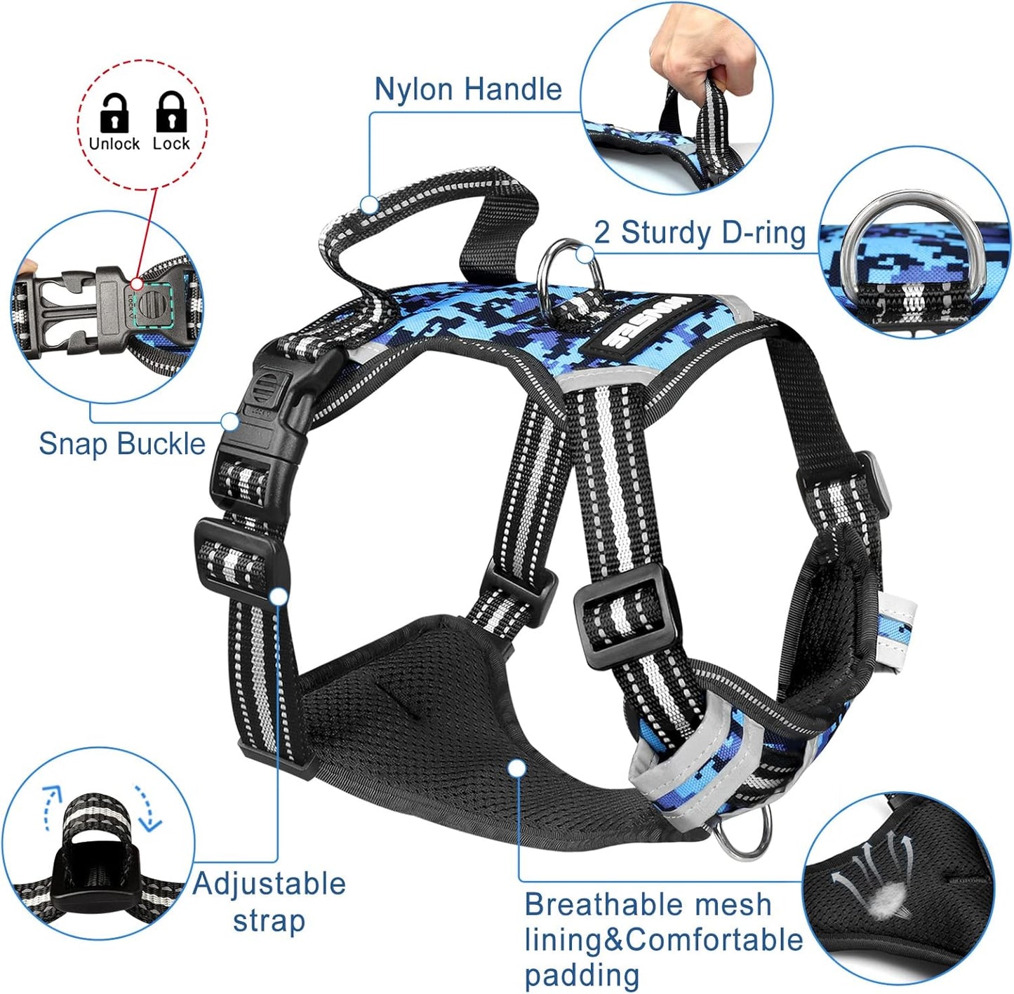 Dog Harness No Pull, Pet Harnesses with Dog Collar, Adjustable Reflective Oxford Outdoor Vest, Front/Back Leash Clips for Small, Medium, Large, Extra Large Dogs, Easy Control Handle for Walking