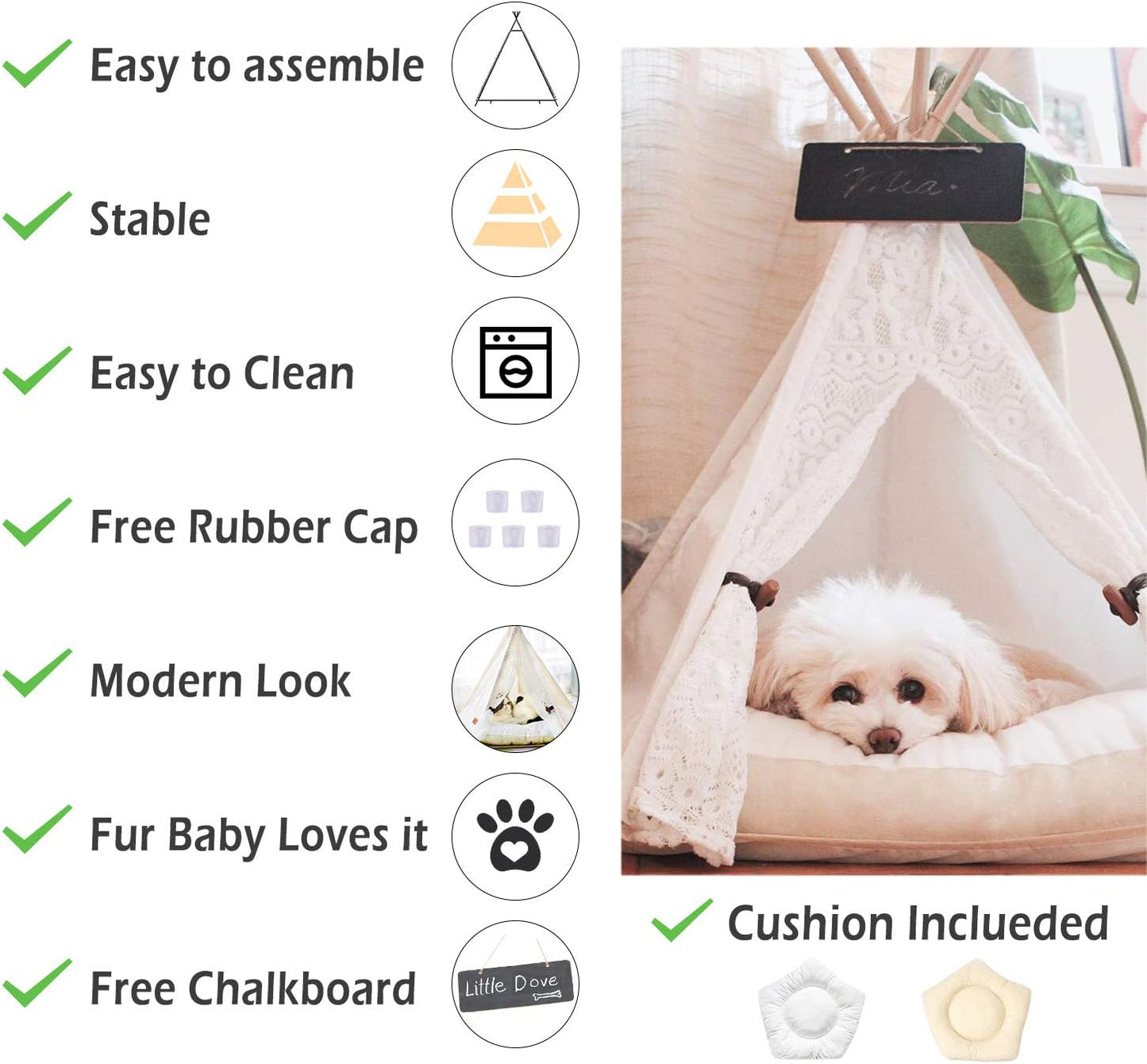 Pet Teepee Dog(Puppy) & Cat Bed - Portable Pet Tents & Houses for Dog(Puppy) & Cat Lace Style 24 Inch with Thick Cushion