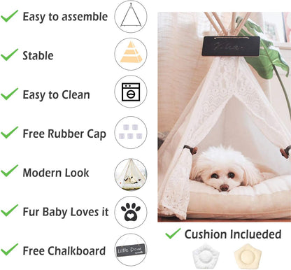 Pet Teepee Dog(Puppy) & Cat Bed - Portable Pet Tents & Houses for Dog(Puppy) & Cat Lace Style 24 Inch with Thick Cushion