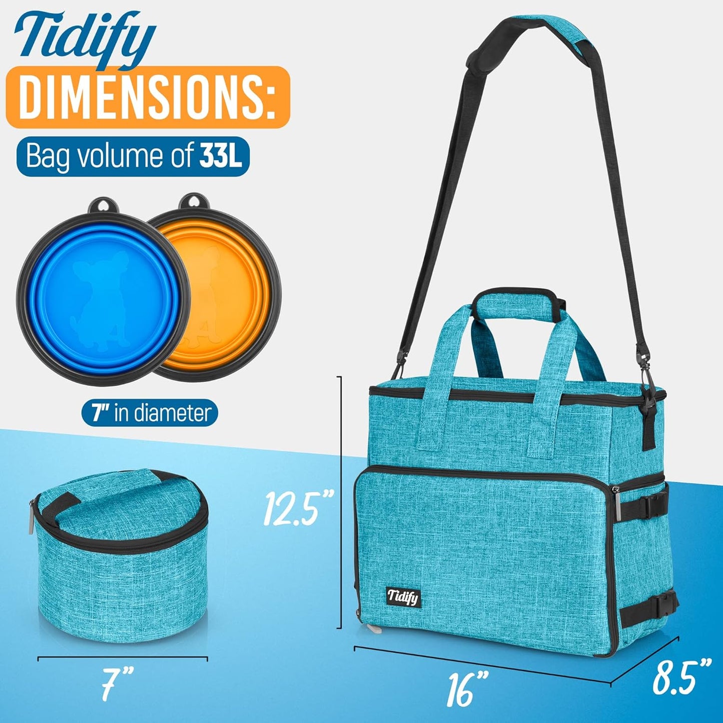 Dog Travel Bag Airline Approved Travel Set for Dog and Cat Tote Organizer with Multi Function Pockets, 2 Food Containers and Collapsible Bowls, Weekend Away Dog Bag for Travel Accessories - Blue