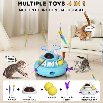 4 in 1 Interactive Cat Toys with USB Rechargeable,Smart Cat Feather Wand for Indoor Cats with Red Beam,Smart Interactive Electronic Exercise Kitten Toys,Exercise Cat Wand,Indoor Exercise Cat Kicker