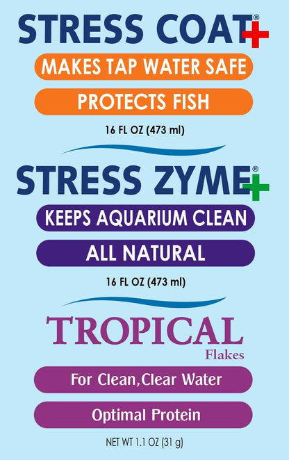 Aquarium Water Treatment & Trop. Fish Food: Stress Coat 16 Oz, Stress Zyme 16 Oz, Tropical Flakes 1.1 Oz