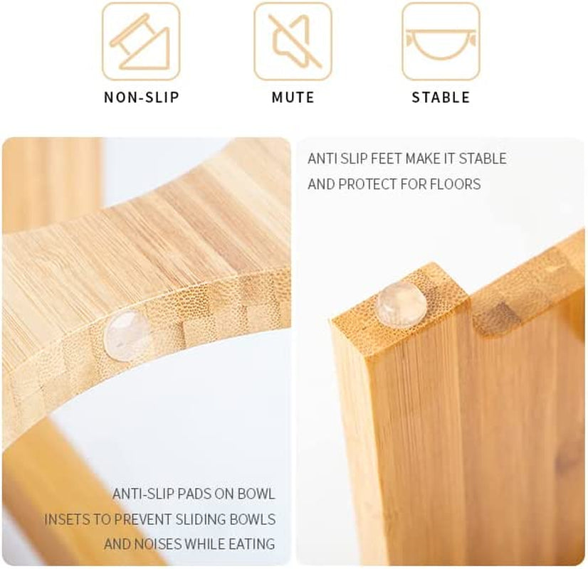 Raised Pet Bowls for Cats and Small Dogs, Bamboo Elevated Dog Cat Food and Water Bowls Stand Feeder with 2 Stainless Steel Bowls and anti Slip Feet (10'' Tall-50 Oz Bowl)