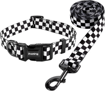 Dog Collar and Leash Set for Daily Outdoor Walking Running Training, Chess Board Design for Large Boys Girls Dogs Cats Pets, L-Up to 80LBS