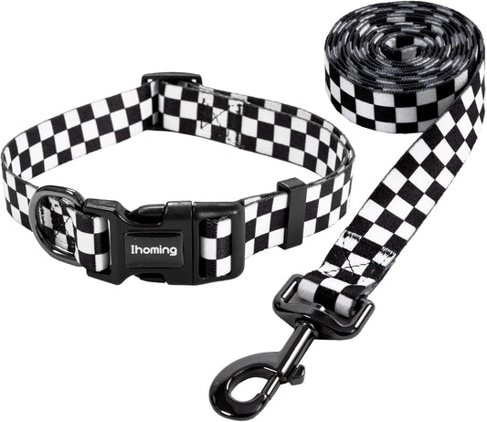 Dog Collar and Leash Set for Daily Outdoor Walking Running Training, Chess Board Design for Large Boys Girls Dogs Cats Pets, L-Up to 80LBS