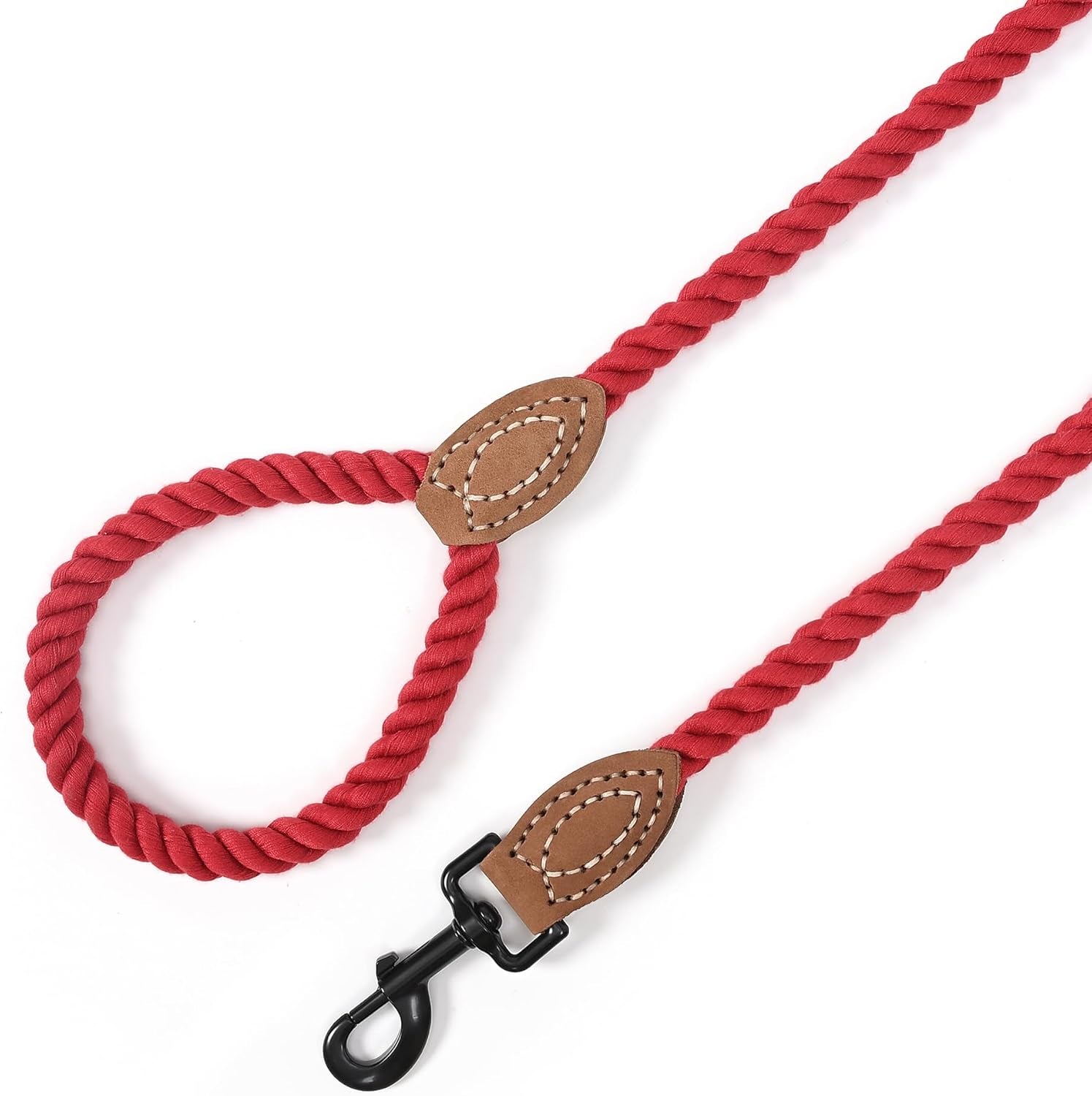Dog Leash, Braided Cotton Rope Leashes with Leather Tailor Tip with Leather Tip - Heavy Duty Metal Clasp, 5FT, 1/2" Thick - Wedding, Walking Leash for Medium Large Dogs(Red)