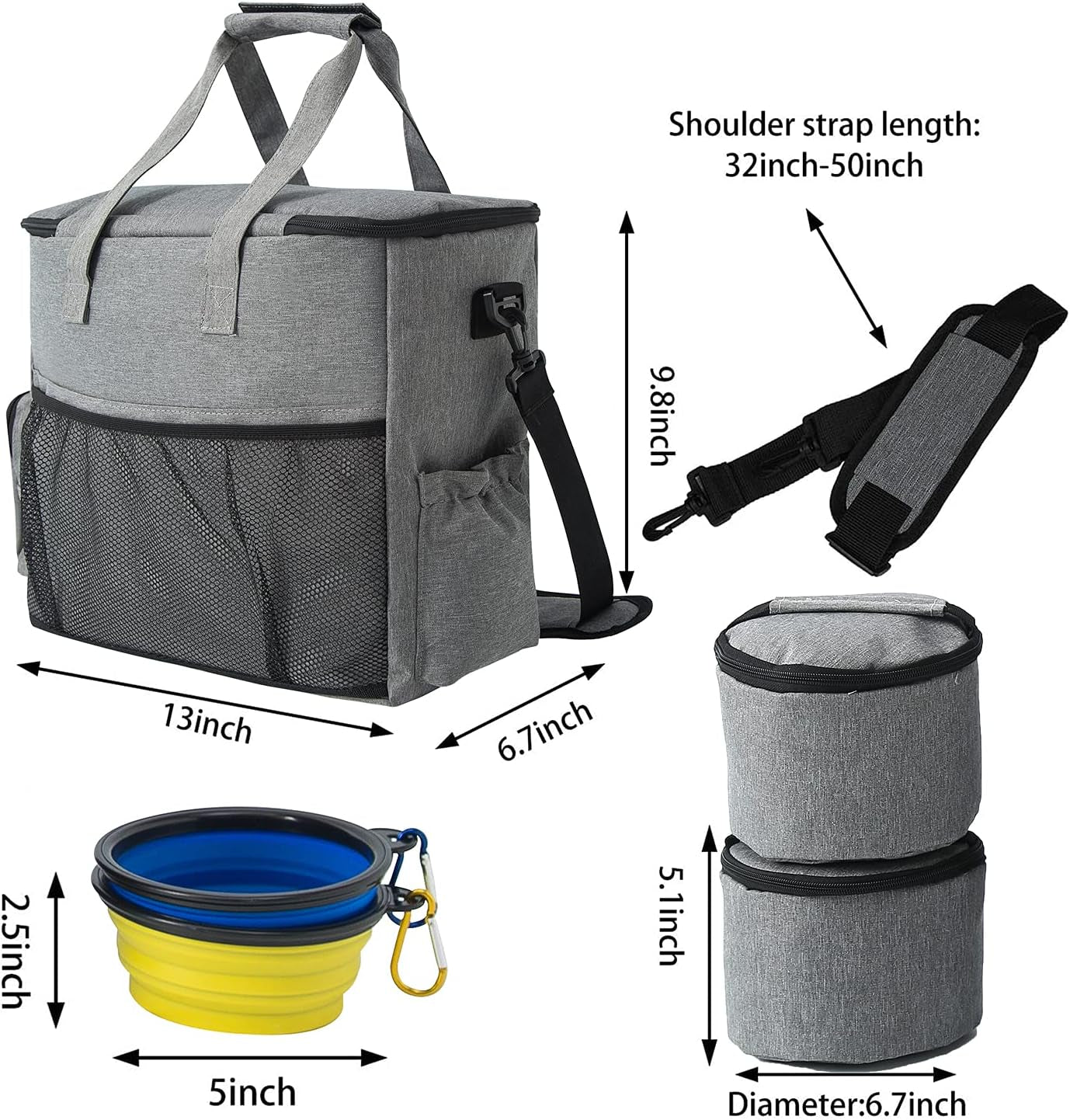 Dog Travel Bag Airline Approved Travel Set for Dogs of Stores All Your Dog Accessories - Includes Travel Bag, 2X Food Storage Containers and 2X Collapsible Dog Bowls (Grey)