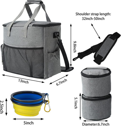 Dog Travel Bag Airline Approved Travel Set for Dogs of Stores All Your Dog Accessories - Includes Travel Bag, 2X Food Storage Containers and 2X Collapsible Dog Bowls (Grey)