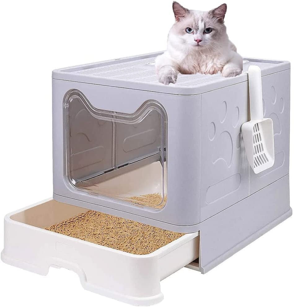 Large Cat Litter Box with Lid, Foldable Cat Litter Box ​With Cat Litter Scoop, Drawer Type Cat Litter Pan Easy to Scoop & Clean, Self Cleaning Cat Litter Box (Gray)