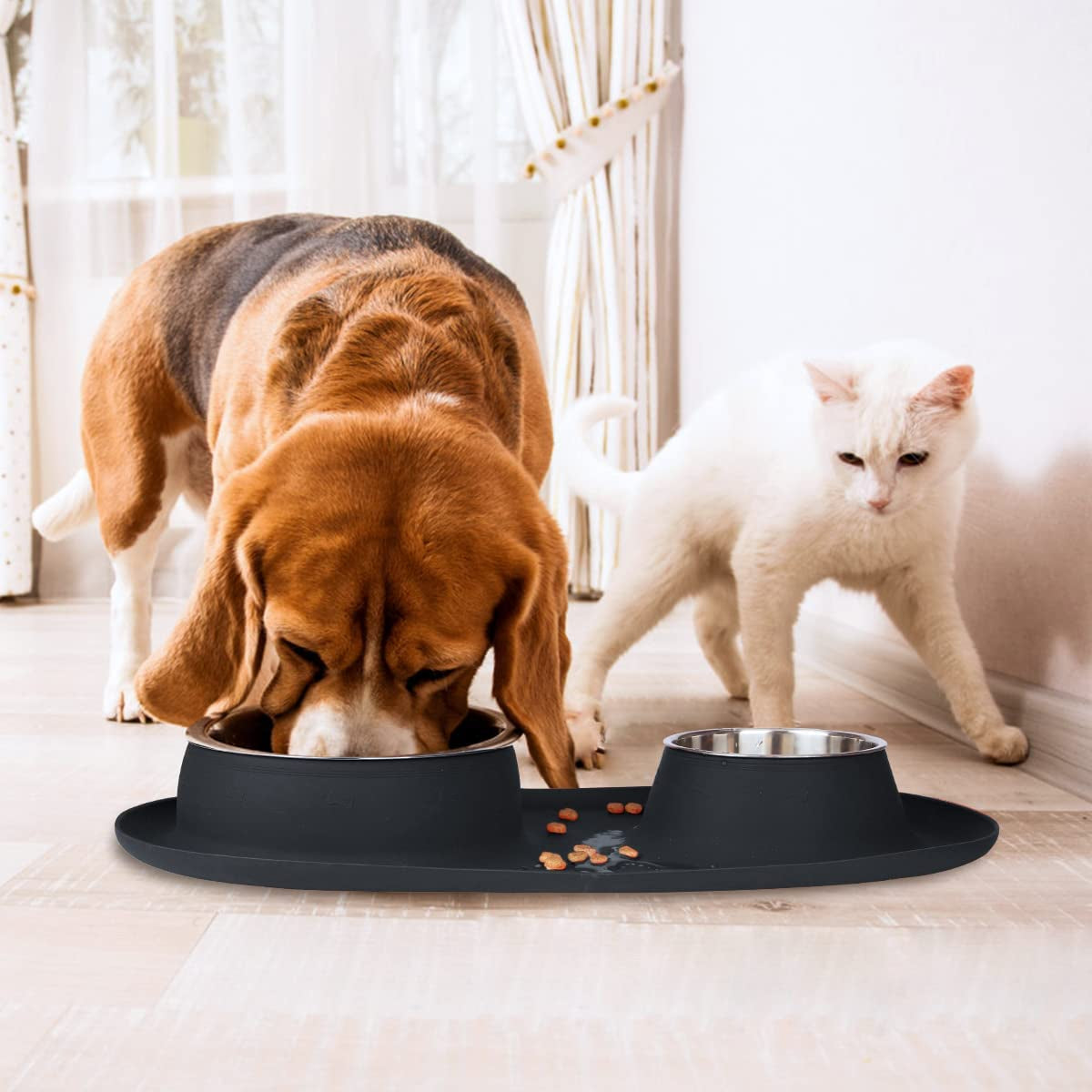 Double Dog Cat Bowls 2 Stainless Steel with No Spill Non-Skid Silicone Mat, Pet Food Water Feeder Bowl for Small Medium Large Dogs, Puppies, and Pets